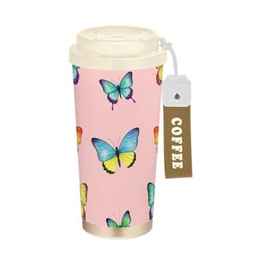 Imagem de TSENQUE Copo de café rosa borboletas aquarela, 473 ml, com canudo e tampa, copos de parede dupla isolados a vácuo com revestimento cerâmico para escritório, escola, festa, acampamento