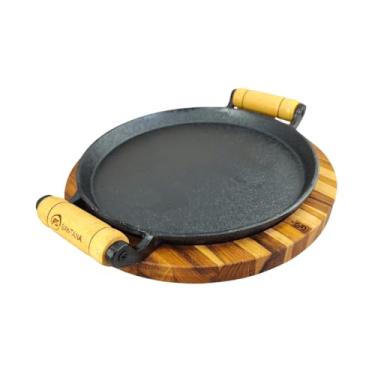 Imagem de Chapa De Ferro Fundido Com Suporte De Madeira Frigideira Conjunto Bifeteira Bistequeira