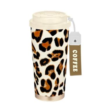 Imagem de TSENQUE Copo de café de 473 ml com tampa de canudo e filp, copo de café de aço inoxidável isolado a vácuo à prova de vazamento, leopardo preto marrom bege
