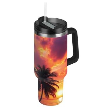Imagem de Joisal Copos com tampas e canudos, cenário de praia, pôr do sol, copo de 850 g com alça, garrafa de água isolada, caneca de café quente de aço inoxidável para carros