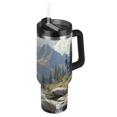 Imagem de Joisal Copos com tampa e canudos Urso pardo Montanhas Copo com alça 850 g Cores Garrafas de Água Isoladas Aço Inoxidável Carros Caneca de Café Bebida Quente