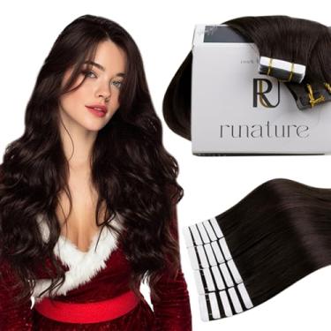 Imagem de RUNATURE Extensões De Cabelo Humano Com Fita Adesiva 24" Para Castanho Escuro Longo Em Cola Pu Remy Nº 2, Sedosa, 50G, 20 Unidades