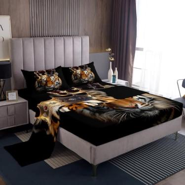 Imagem de Homewish Jogo de lençol Queen com estampa de tigre selvagem, animais tropicais africanos 3D, estampa de coroa dourada, preto, lençol com elástico, 2 fronhas