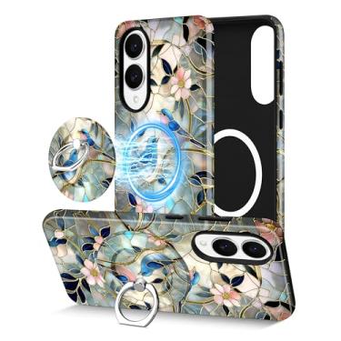 Imagem de Aitipy Capa de telefone magnética para Samsung Galaxy S25 Edge, compatível com Magsafe, com lindo vitral flor pássaro suporte anel suporte capa protetora estética para celular para mulheres meninas