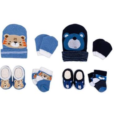 Imagem de 2 Conjuntos Bebê Recém-Nascido Touca Luva Meia e Pantufa Enxoval Menin