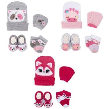 Imagem de Kit 3 Touquinhas Meias Luvas e Pantufas Bebê Recém-Nascido Menina Enxo