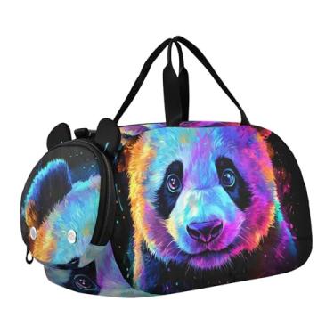 Imagem de Bolsa de viagem azul para meninas com bola de tênis, bolsa de viagem para o fim de semana, academia, bolsa de mão para meninos, Rosto de panda colorido, Clássico