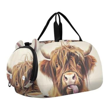 Imagem de Animal Sniffs Rose Bolsas de viagem para meninas bolsa de viagem de fim de semana para meninos bolsa esportiva de dança, Língua de vaca Highland, Clássico