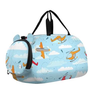 Imagem de Bolsa esportiva para meninos durante a noite para o fim de semana, flores alegres, céu azul, bolsas de viagem para academia, bagagem infantil, Lindo avião helicóptero céu azul, Clássico