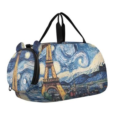 Imagem de Bolsa esportiva para meninos, lobo, azul, prata, nuvem, bolsas de fim de semana, bolsas de viagem para meninas, bolsa de viagem para dança, bagagem infantil, Toalha Paris Eiffel Noite Estrelada