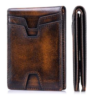 Imagem de SCHLATUM Carteira masculina de bolso frontal, fina, leve, com bloqueio de RFID, de couro legítimo, dobrável e fina, com 10 compartimentos para cartão, Antiguidade, Clássico