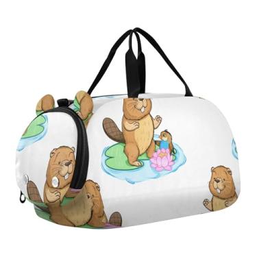 Imagem de Bolsa esportiva de lagosta vermelha com estrela do mar azul para viagem de fim de semana bolsa esportiva para meninos e crianças, Lindo lírio de pássaro castor de desenho animado, Clássico