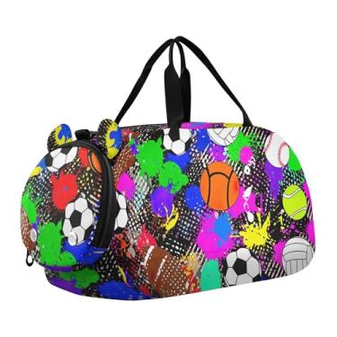 Imagem de Bolsa esportiva para meninos e meninas, preta, cinza, estampa de leopardo, bolsa esportiva para viagem, Bolas de basquete coloridas esportivas, Clássico