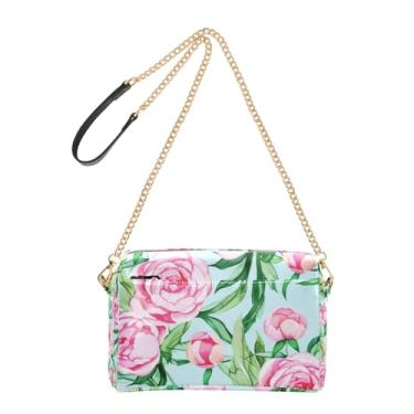 Imagem de Joitme Bolsa tiracolo feminina para celular linda aquarela rosa peônia flor PU couro PU bolsa de ombro com alça de corrente