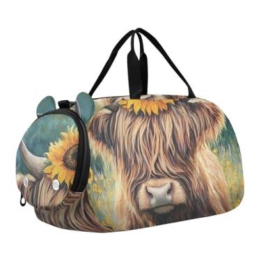 Imagem de Lindas bolsas de viagem para cães de Dia dos Namorados para viagem de fim de semana, bolsa de viagem para meninos, Arte de girassol de vaca Highland, Clássico