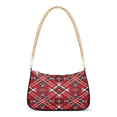 Imagem de Bolsa de ombro xadrez vermelha com corrente de Natal, bolsa Hobo feminina com grande capacidade, bolsa elegante para uso diário ou festa