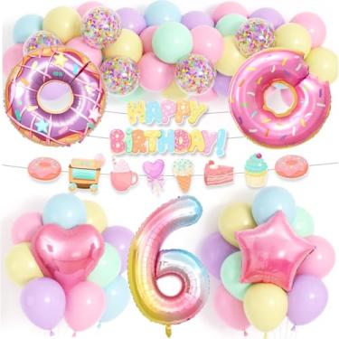 Imagem de ESAG Decorações de aniversário de 6 anos para meninas com design próprio, faixa de 81 cm rosa com 6 balões de coração de estrela balão de papel alumínio infantil sorvete doces suprimentos de festa