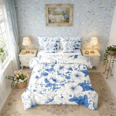 Imagem de Erosebridal Conjunto de cama para crianças, adulto, floral, azul, tamanho casal, plantas, botânicas, para quarto de meninas, mulheres, vintage, floral, lençol em uma bolsa, chique, elegante, primavera
