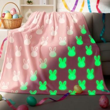 Imagem de Hillsuren Cobertor de coelhinho da páscoa que brilha no escuro, cobertor rosa coelho macio, aconchegante de flanela mágica, presentes de decoração de aniversário e páscoa para festa, cama, sofá