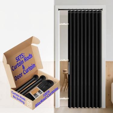 Imagem de Cortinas de porta deslizante AJAZZ 100% blackout para portas, cortinas sanfonadas magnéticas para quarto, sala de estar, conjuntos de cortinas (1 pacote, 111 L x 198 C, preto + varão)