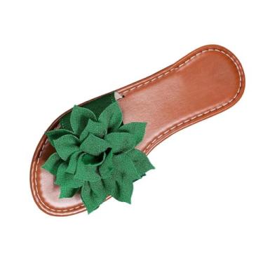 Imagem de Chinelo feminino moderno casual cor sólida floral tecido plano peep toe bico redondo, flock superior exterior interior casual desgaste baixo confortável, Verde, 36