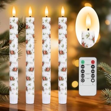 Imagem de SEHNSY Velas cônicas de Natal sem chama, 4 peças de castiçais de LED de poinsétia de 24 cm com chama cintilante 3D, vela operada por bateria com controle remoto para decoração de casa, presentes de