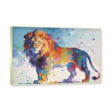 Imagem de Moldura dourada. Arte abstrata de respingos de leão, pintura colorida de animais em tela, decoração de parede expressiva moderna para sala de estar ou escritório. A65. 60 x 90 cm - 23,7 x 35,5 pol.