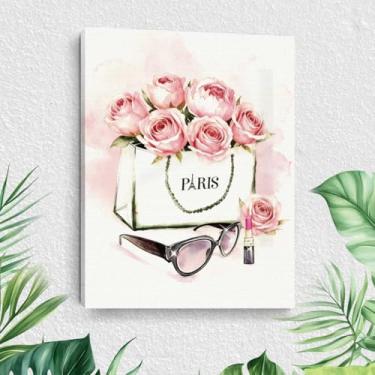 Imagem de Arte de parede em tela rosa moderna, bolsa rosa aquarela e pinturas de arte emolduradas em rosa, imagem de impressão de óculos de sol descolados para mulheres, banheiro, quarto, lavabo, decoração de