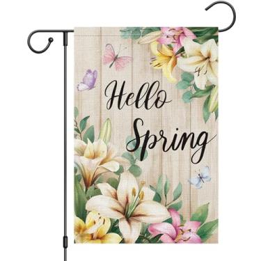 Imagem de Heyfibro Hello Spring Flower Floral Garden Flag 12x18 Serapilheira Dupla Face, Aquarela Lírio Borboleta Banner de Quintal para Decoração de Exterior de Verão Sazonal Rústico Fundo de Madeira (APENAS
