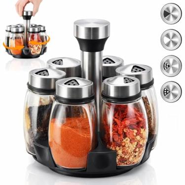 Imagem de Porta Condimentos Giratório com 6 Frascos de Vidro e Suporte em Inox, Porta Temperos de Mesa para Cozinha, Acabamento Moderno, Alta Durabilidade
