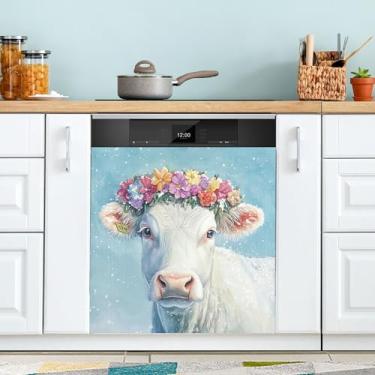 Imagem de xigua Capa magnética para lava-louças Flowers Highland Cow, adesivos magnéticos decorativos antiarranhões para painel de geladeira e lava-louças, decoração personalizada de cozinha doméstica 58 x 66