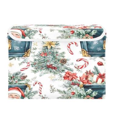 Imagem de SEHANY Linda caixa de armazenamento de Papai Noel de Natal com tampas e alças, organizador de cestas de armazenamento de tecido dobrável, caixas de armazenamento de cubos grandes para roupas, cobertor