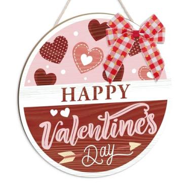 Imagem de Putuo Decor Sinal de feliz dia dos namorados para decoração de porta da frente, gancho de porta de parede redondo rosa vermelho em forma de coração para varanda ao ar livre, guirlanda de madeira de