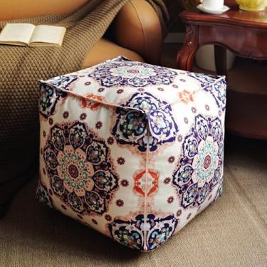 Imagem de Artbloss Capa de pufe sem enchimento otomano apoio para os pés boêmio chenille pufe de chão 45 x 45 x 45 cm para sala de estar, quarto, decoração de casa (azul, cubo)