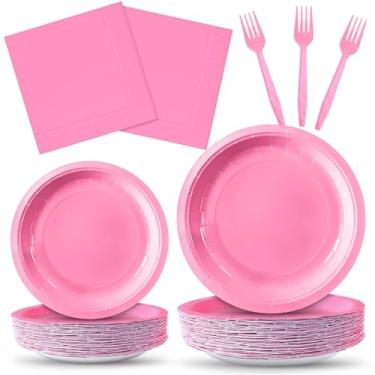 Imagem de ZVK Conjunto de pratos de papel rosa choque, 200 peças, pratos de sobremesa de festa, pratos de jantar, guardanapos com garfos descartáveis