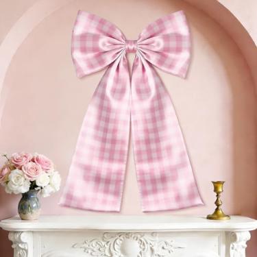 Imagem de CORNER LACE Decoração de laço xadrez rosa, 60 x 120 cm, laço grande de cetim para sala de casa, lareira, janela, porta, cadeira, cortina, férias, chá de panela, chá de bebê, despedida de solteira