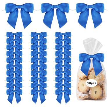 Imagem de TONIFUL 50 peças de laços de fita de cetim azul royal, laços torcidos de 11,4 cm para embrulhar presentes, bolos, artesanato, garrafas, árvore de Natal, casamento, chá de bebê, decoração de festa de