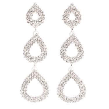 Imagem de BaubleStar Brincos femininos com pingente de gota de strass, corrente tripla elegante, joia de casamento, Strass, Sem pedra preciosa