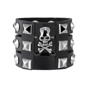 Imagem de JAZTAKU Pulseira punk cravejada de couro PU dos anos 80 pulseira gótica Emo Rock Biker Cuff para homens e mulheres, Medium, Zinco, Sem Pedra Preciosa