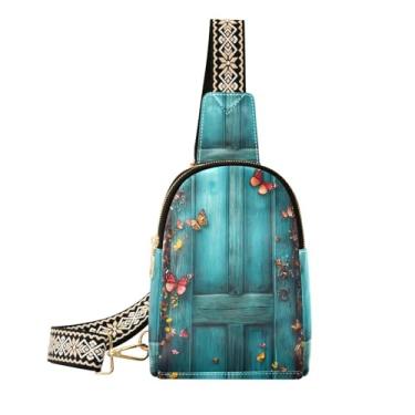 Imagem de CEBUGI Old Teal Door Small Sling Bag for Women Leather Crossbody Pochete Bolsa de peito para caminhadas, viagens ao ar livre