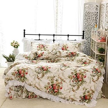 Imagem de 3FLQOOPP Conjunto de roupa de cama vintage floral infantil para meninas com babados e saia de cama 1,8 m, tamanho Queen, 4 peças (conjuntos de cama 1,8 m, 4 peças)