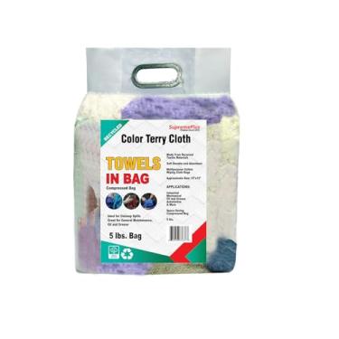 Imagem de SupremePlus Pano felpudo colorido reciclado (saco de 2,3 kg) panos de limpeza de toalhas de algodão super absorventes para garagem, loja, uso industrial e limpeza doméstica