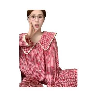 Imagem de Conjunto De Pijama Feminino Estilo Cardigã Xadrez Com Manga Longa E Ca