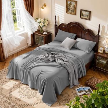 Imagem de LBRO2M Jogo de lençol 100% algodão com bolso profundo de 48 cm, 1000 fios, tamanho casal, 4 peças, roupa de cama macia e confortável para todas as estações (casal, cinza)