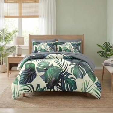 Imagem de Pamnest Jogo de edredom Queen com folhas de plantas tropicais, 7 peças, para crianças e adultos, folha de palmeira, flor havaiana, 2 fronhas e 2 fronhas para decoração de quarto