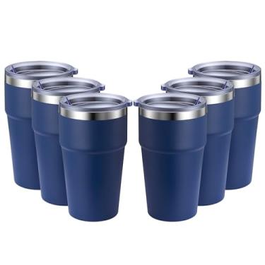 Imagem de MEWAY Caneca de viagem isolada a vácuo de parede dupla de 473 ml, copos de aço inoxidável com tampa, copos de café revestidos em pó para bebidas frias e quentes (azul-marinho, pacote com 6)