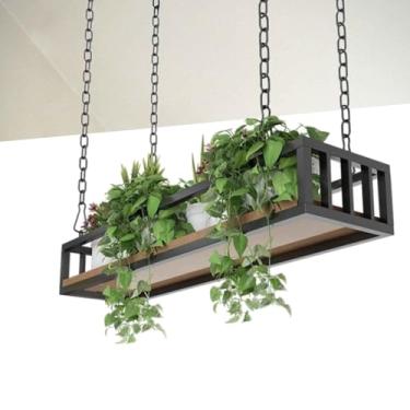 Imagem de Prateleiras de plantas suspensas no teto – Prateleira de armazenamento flutuante para vasos de flores e vinho, moldura de madeira maciça e ferro, elegante suporte montado no teto (140 x 25 x 15 cm)