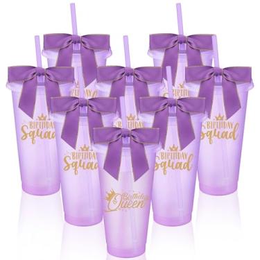 Imagem de Jingmore Conjunto de 8 copos de glitter para festa de aniversário de 680 g copos de plástico queen do esquadrão de aniversário com tampa canudo e laço torcido para decorações de festa de esquadrão