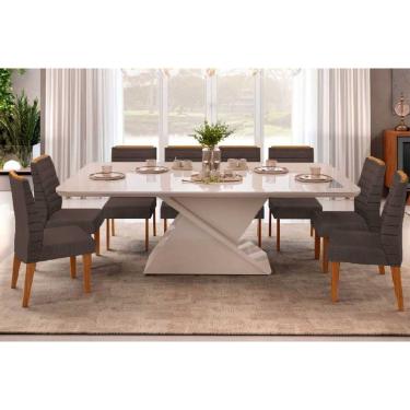 Imagem de Conjunto: Mesa Sala Jantar Zafira c/ Tampo Madeirado c/ Vidro Curvo 200x100cm e 8 Cadeiras Ondina Off White - Freijo/Suede Moca - DJ Móveis