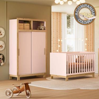 Imagem de Quarto de Bebê com Berço Slim 4315 e Roupeiro 5085 Flora Rosa Qmovi + Colchão Gazin